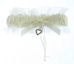 White Satin Ribbon Garter with Glass Crystal Heart - Picture 1 of 1