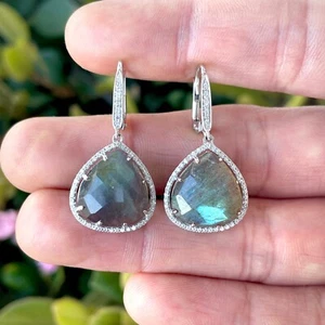 14K White Gold Labradorite and Diamond Leverback Statement Dangle Earrings - Picture 1 of 6