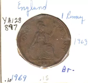Great Britain 1 Penny, 1963, Bronze, KM128, Queen Elizabeth - Picture 1 of 2