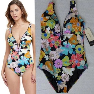 Profile GOTTEX sz 12 Floral Rising Sun Deep V-Neck Halter 1-Piece Swimsuit $148 - Picture 1 of 19