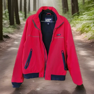Lands End Bright Red Full Zip Jacket Fleece Lined Size Medium Navy Accents Men's - Image 1 of 4