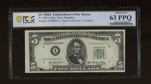 DBR 1950-A $5 FRN Boston Fr. 1962-A PCGS-B 63 PPQ Serial A59982837A - Picture 1 of 2