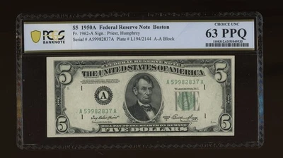 DBR 1950-A $5 FRN Boston Fr. 1962-A PCGS-B 63 PPQ Serial A59982837A - Image 1 of 2