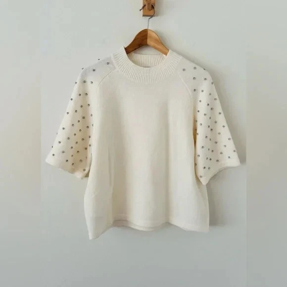 Ann Taylor Crew Neck Short Sleeve Rhinestone Embellished Sweater Size L Cream - Image 1 of 4