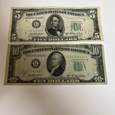 1950-A $5 And $10 Notes Light Green Seal Fn/Vf  Condition W/ Slight Creasing - Image 1 of 4