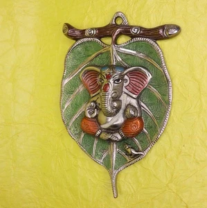 Lord Ganesh On Leaf Wall Decor Mask Statue Home Office Decor Metal Figurine - Picture 1 of 9