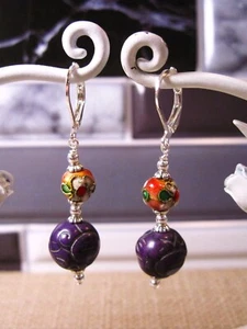 Beautiful Sterling Silver Cloisonne & Carved Jasper Lever-back Earrings Lot# S5 - Picture 1 of 1