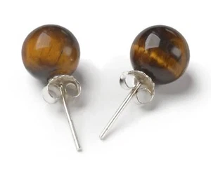 Sterling Silver & 10mm Tiger Eye Stone Stud Earrings Ball Studs Pair - Picture 1 of 4