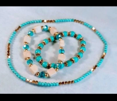 New Handmade 3 Bracelet Stack Stone Glass Metallic Gold Turquoise OOAK Wrap Cuff - Image 1 of 3
