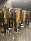 Set of 7 VINTAGE Glasses AROUND THE WORLD COINS Black & Gold by CERA 1960's