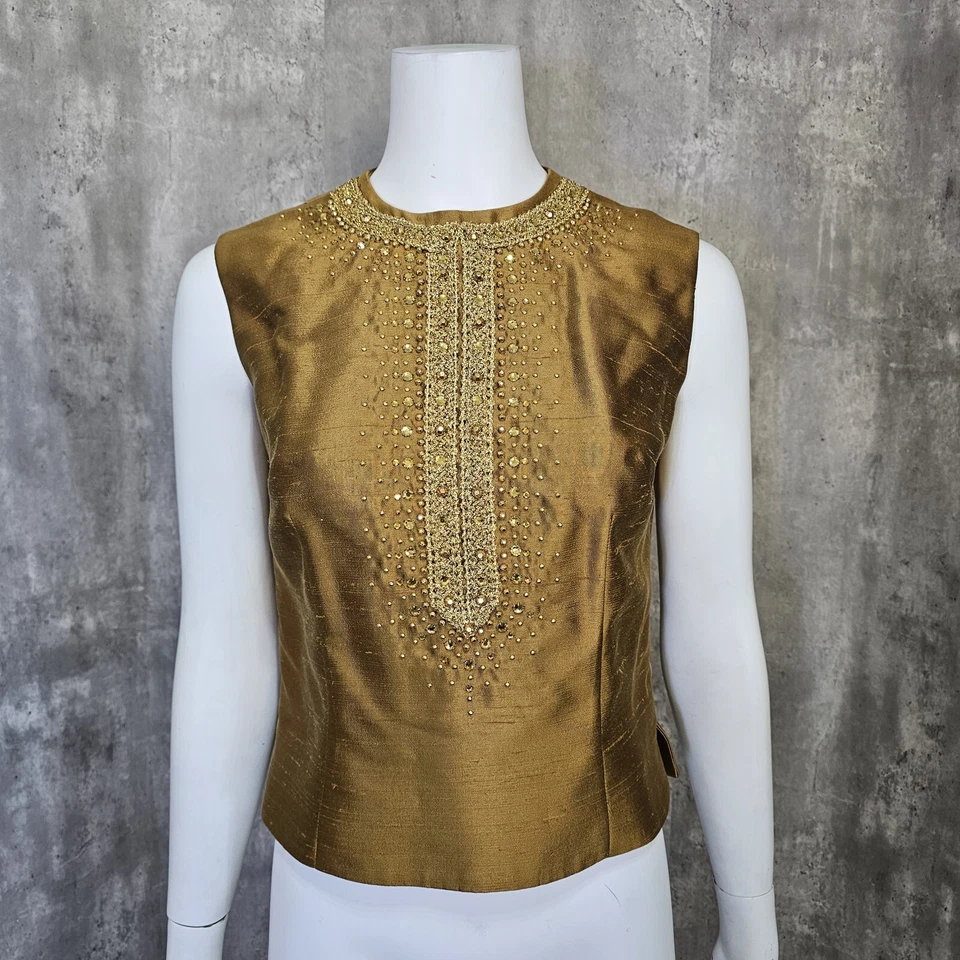 Vintage 60s Golden Slub Knit Acetate Formal Evening Tank Top Blouse Zip Back - Image 1 of 4
