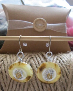 Beige Recycled Button & Crystal Wire Wrapped Earrings / Boxed - Picture 1 of 4