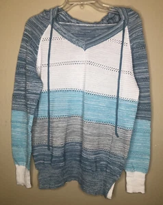 Sudadera con Capucha Tejida Crochet Pull On GRANDE Azul y Blanco Mangas Largas Puños Cintura Elásticos - Imagen 1 de 5
