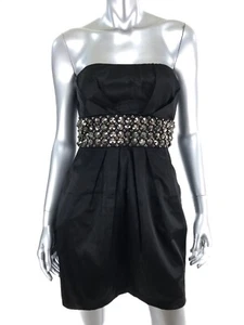 Windsor XS Mini Sheath Dress Black Satin Strapless Pockets Silver Stud Accents  - Picture 1 of 7
