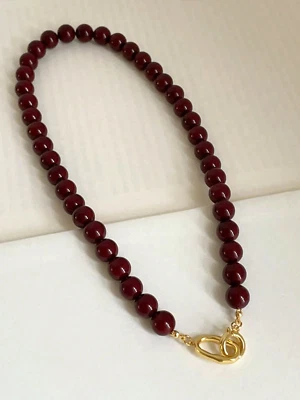 French Dark Red Agate Natural Stone Strand Beaded Necklace Gold Plated Women - Image 1 of 4
