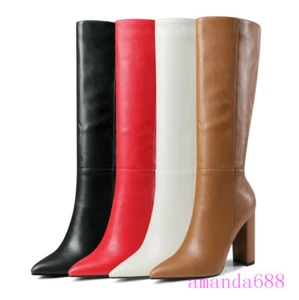 Women Knee High Boots Winter Pointed Toe Zipper Chunky High Heels Shoes Big Size - Picture 1 of 16