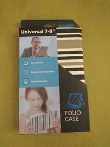 Funda Folio Universal 7-8" Tablet Negro Gris Blanco Rayas Ranuras para Tarjetas Nueva - Imagen 1 de 14