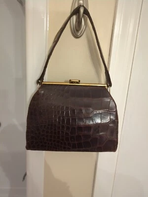 Antiga Bolsa de Mão Bellestone Marrom Jacaré Anos 4050 Bolsa Satchel Bronze Pequena Pequena - Imagem 1 de 4