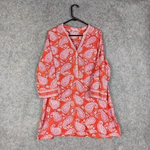 Anokhi Top Size XXL Red Hand Block Print Paisley Indian V Neck Relaxed Tunic - Picture 1 of 14