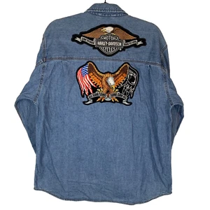 Levi's Harley Davidson Patches Blue Button Down Collared Shirt Size Men's Large - Picture 1 of 13
