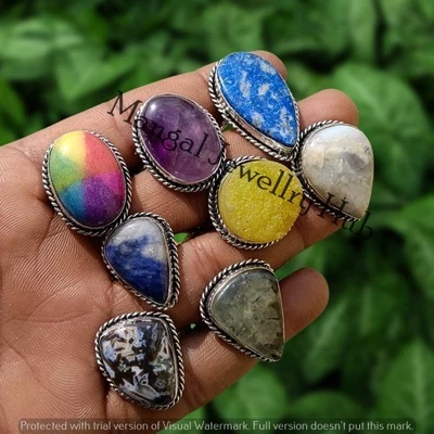 Lote de 5 peças de anéis folheados a prata esterlina 925 com pedras preciosas Prehnite e Mix - Imagem 1 de 4