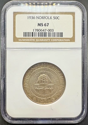 1936 NORFOLK COMMEMORATIVE SILVER HALF DOLLAR NGC MS67 10XXD25 - Image 1 of 4