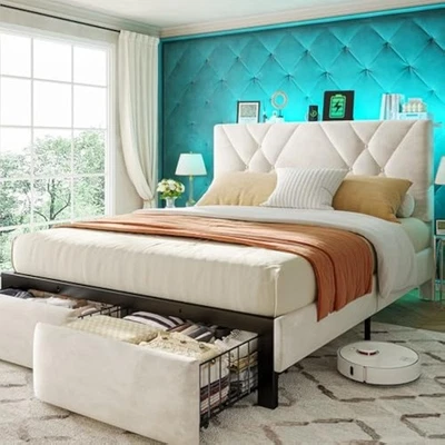 Marco de cama completo con 2 cajones de almacenamiento y luces LED, plataforma de terciopelo  Foto 1 de 4