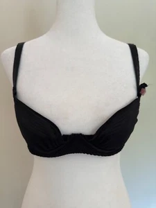 Aubade Balconette Bra 1/2 Cup Size 36B Black Pleated w/Rose Accent UnderWired - Picture 1 of 24