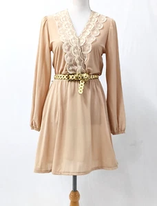 BLAIR Vintage Women 80s Nude Brown Lace Trim Short Dress Size 6 8 10 Small - Picture 1 of 6