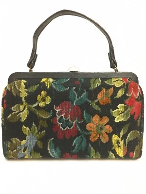 Vintage Carpet Bag Needlepoint Tapestry Structured Satchel Large Floral Black - Image 1 of 4