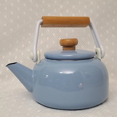 Vintage Mid Mod Copco Style Cornflower Pastel Blue Enamel & Wood Teapot Kettle - Image 1 of 4