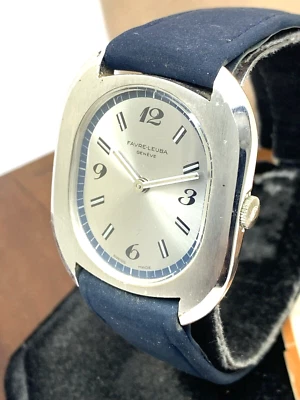 Favre Leuba Unisex Watch Vintage Swiss Mechanical Silver Dial Blue Leather Band - Image 1 of 4