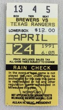 MLB 1991 04/24 Texas Rangers at Milwaukee Brewers FULL Ticket-Kevin Brown WP