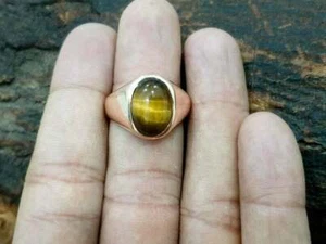 925 Sterling silver 14k Gold plated Tiger Eye Statement Men's Ring Size 13.5 - Picture 1 of 4