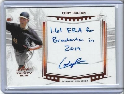 2019 Leaf Trinity CODY BOLTON Inscription Bronze Foil Auto RC Pirates 1.61 ERA - Image 1 of 2
