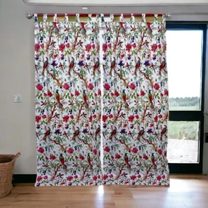 2 Pieces Indian Vintage Cotton Bird Print Boho Drapes Window Decor White Curtain - Picture 1 of 4