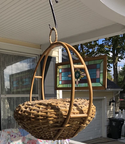 Vintage Circle Bentwood Bamboo Wicker Hanging Basket Flower Planter Mid Century Cover