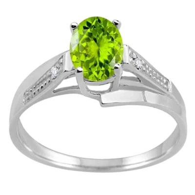 0.85 Carat Oval Peridot and Diamond Wave Ring in 10K Gold For Woman Best Gift - Image 1 of 4