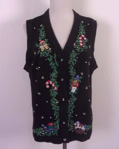 vintage 90s Victoria Jones EUC Ugly Christmas Sweater Vest Beaded Holiday SZ L - Picture 1 of 4