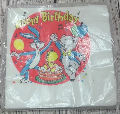 Vintage Futura Looney Tunes Happy Birthday Napkins White Red New Old Stock - Image 1 of 4