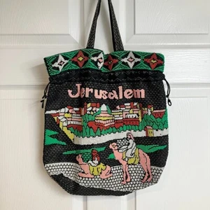 Jerusalem Beaded Drawstring Vintage Tote Bag Black Double Handle Handmade Israel - Picture 1 of 10