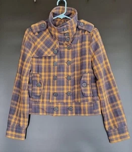 HURLEY 90s y2k Blue Orange Plaid Double Breasted Button Up Cropped Jacket Sz M - Picture 1 of 8