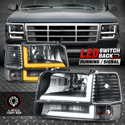 [Switchback L-LED DRL] Para 92-96 Ford F150-F350 Bronco Faros Negro/Claro Foto 1 de 4