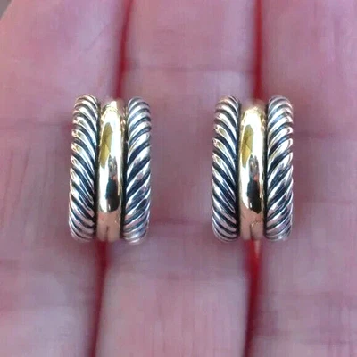 Early Issue David Yurman Cable Classic Hoop Earrings - 14K/925 - Large 925 Backs - Image 1 of 4