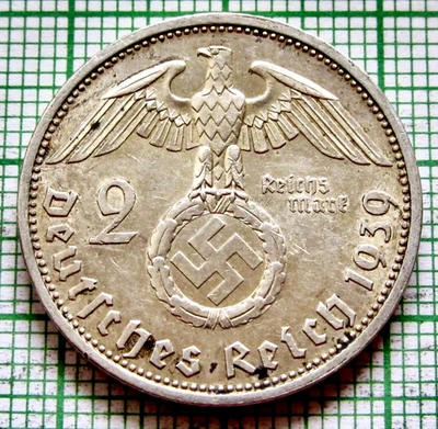 ALEMANIA TERCER Reich 1939 a 2 Reichsmark Hindenburg águila Sosteniendo Esvástica PLATA Foto 1 de 4