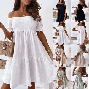 Womens Summer Beach Ruffle Mini Dress Ladies Off Shoulder Frill Sundress Size 16 - Picture 1 of 26