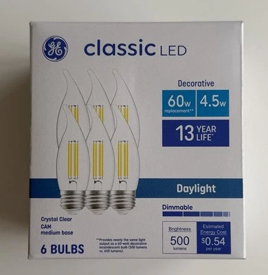 GE 60W EQ CAM Decorative Light Bulb 6-Pack Soft White E26 Dimmable Candelabra - Image 1 of 4