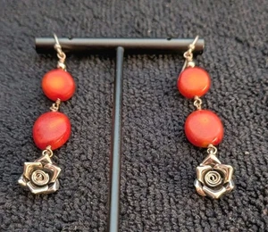 Pendientes colgantes SX 925 plata de ley Tailandia piedras rojas naranja con una rosa  - Imagen 1 de 11