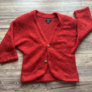 Vintage Anne Klein Red 80% Mohair Cardigan Sweater Small Celtic knot Oversized - Picture 1 of 11