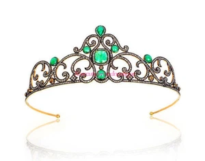 ANTIQUE ROSE CUT DIAMOND 8.12ct SILVER EMERALD WEDDING WEAR HANDMADE TIARA CROWN - Picture 1 of 2
